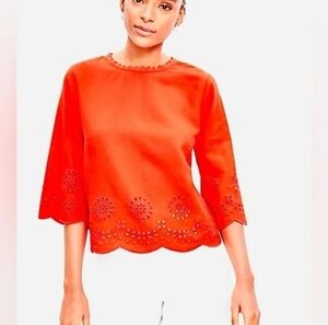 LOFT Red Embroidered Linen Blend Summer Blouse 3/4 Sleeve Scallop Eyelet Size XS